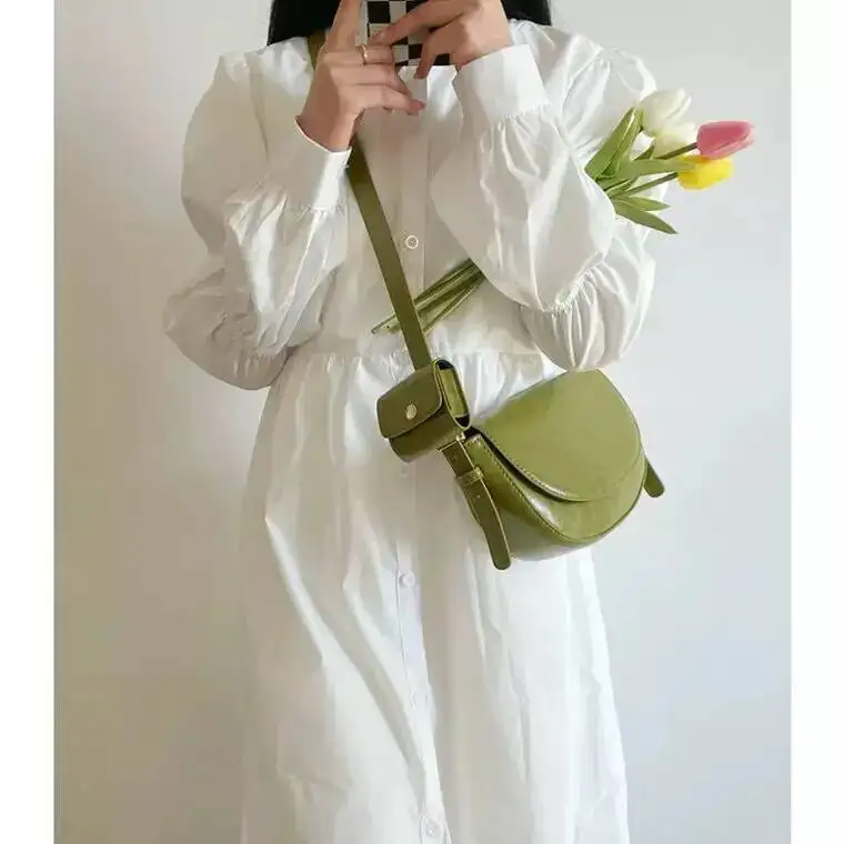 Bloom Vintage Green Shoulder Women High Street Leather Casual Saddle Bag Handbag Female Retro Solid Crossbody Bags Ladies