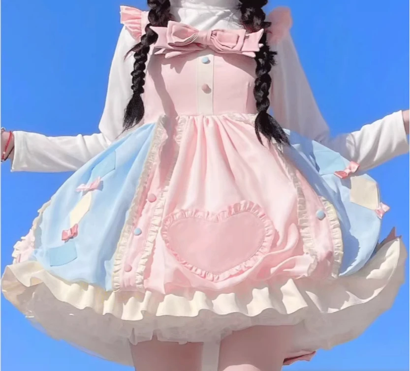 Vestido con tirantes y lazo de Lolita para chica, dulce diario, con cuello cuadrado, a la moda, de cintura alta, corte en A, versátil, con volantes reductores de edad