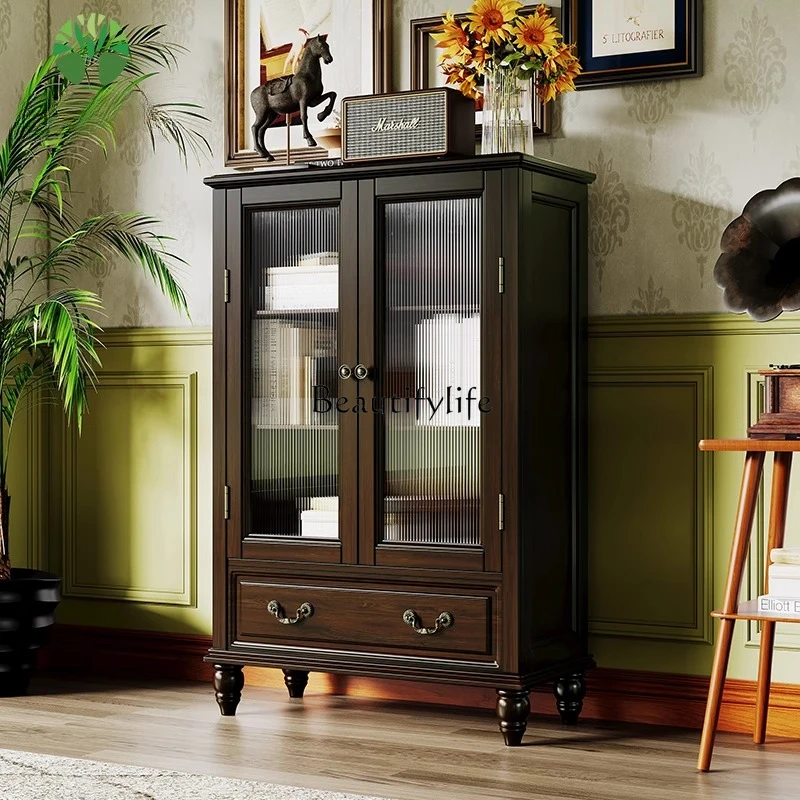 

Retro American double-door wine cabinet pure solid wood glass door dining side living room TV cabinet cherry wood furniture