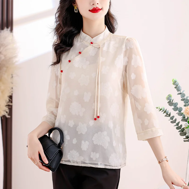 Women Summer Chinese Style Temperament Loose Printing Solid Color O-neck 3/4 Sleeve Shirts Ladies Elegant All-match Trend Tops