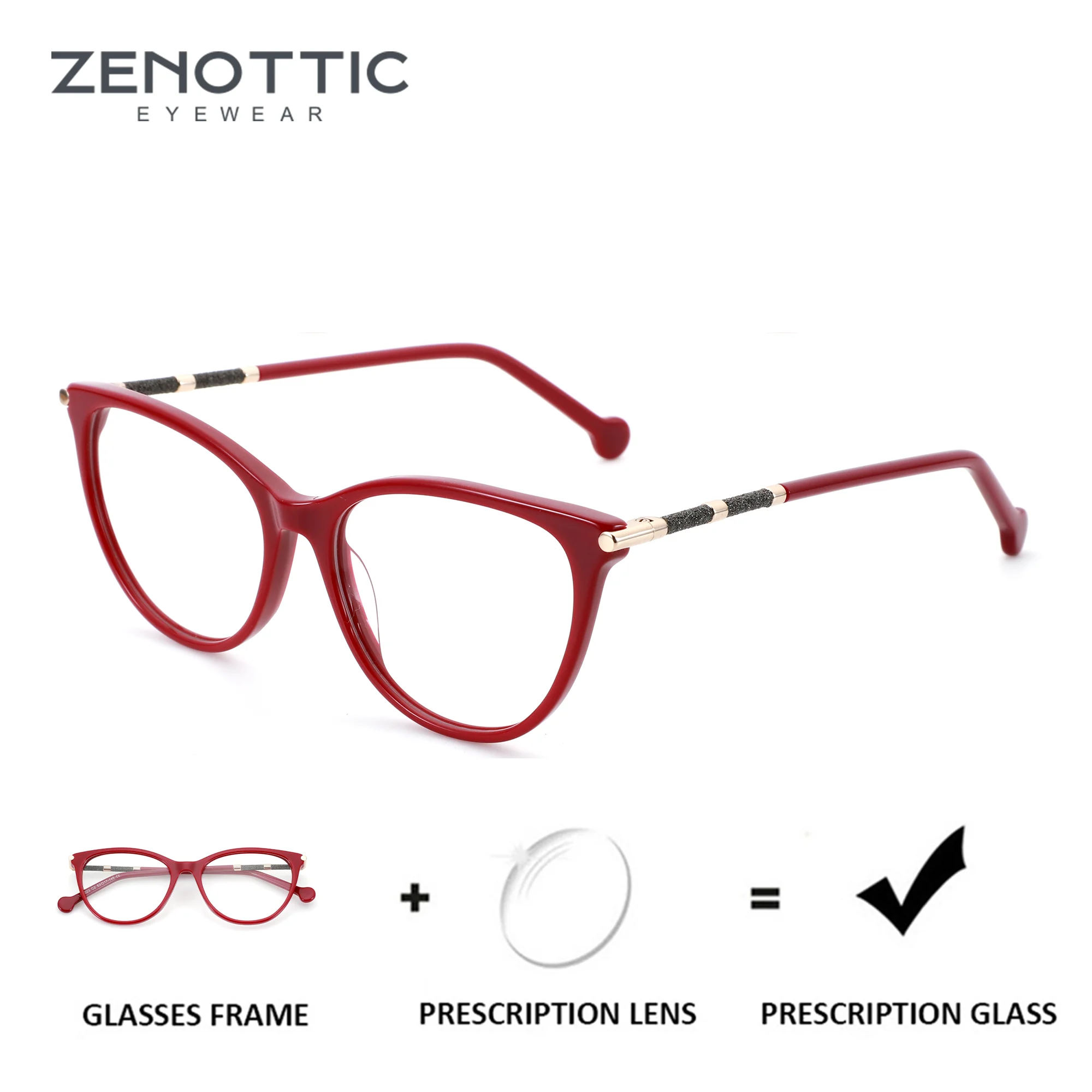 

ZENOTTIC（ M Size） Handmade Acetate Cat Eye Prescription Eyeglasses For Women Anti Blue Light Progressive Optical Glasses
