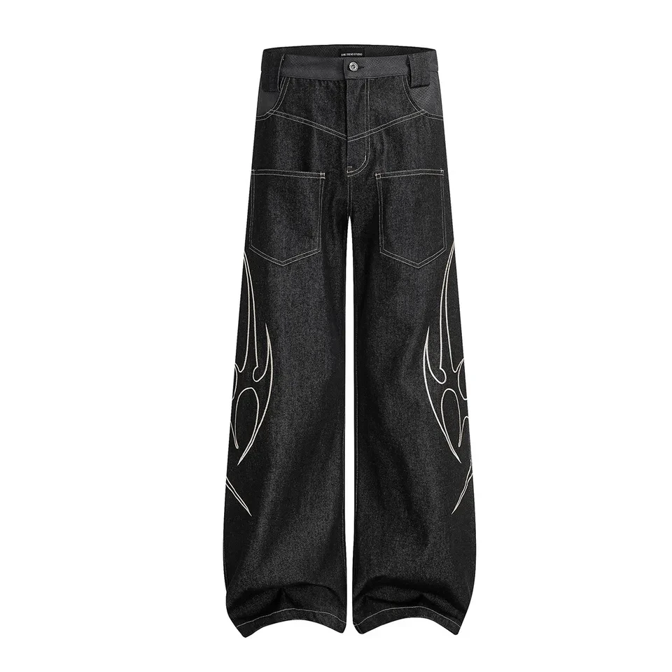 

2026 New Summer High Street Washed Embroidered Jeans Wide Leg Long Pants Men Personality Casual Versatile