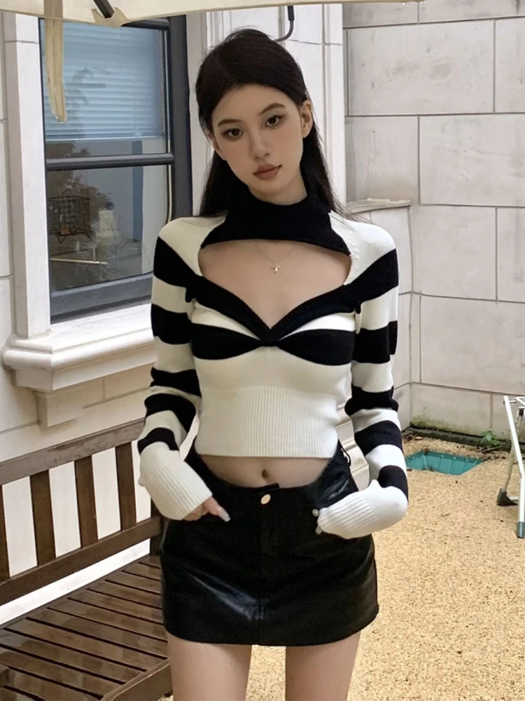 Striped Sweaters Women Slim Knitwear Panelled Hotsweet Sexy Mock Neck Long Sleeve Elegant Cropped Korean Style Exquisite Popular