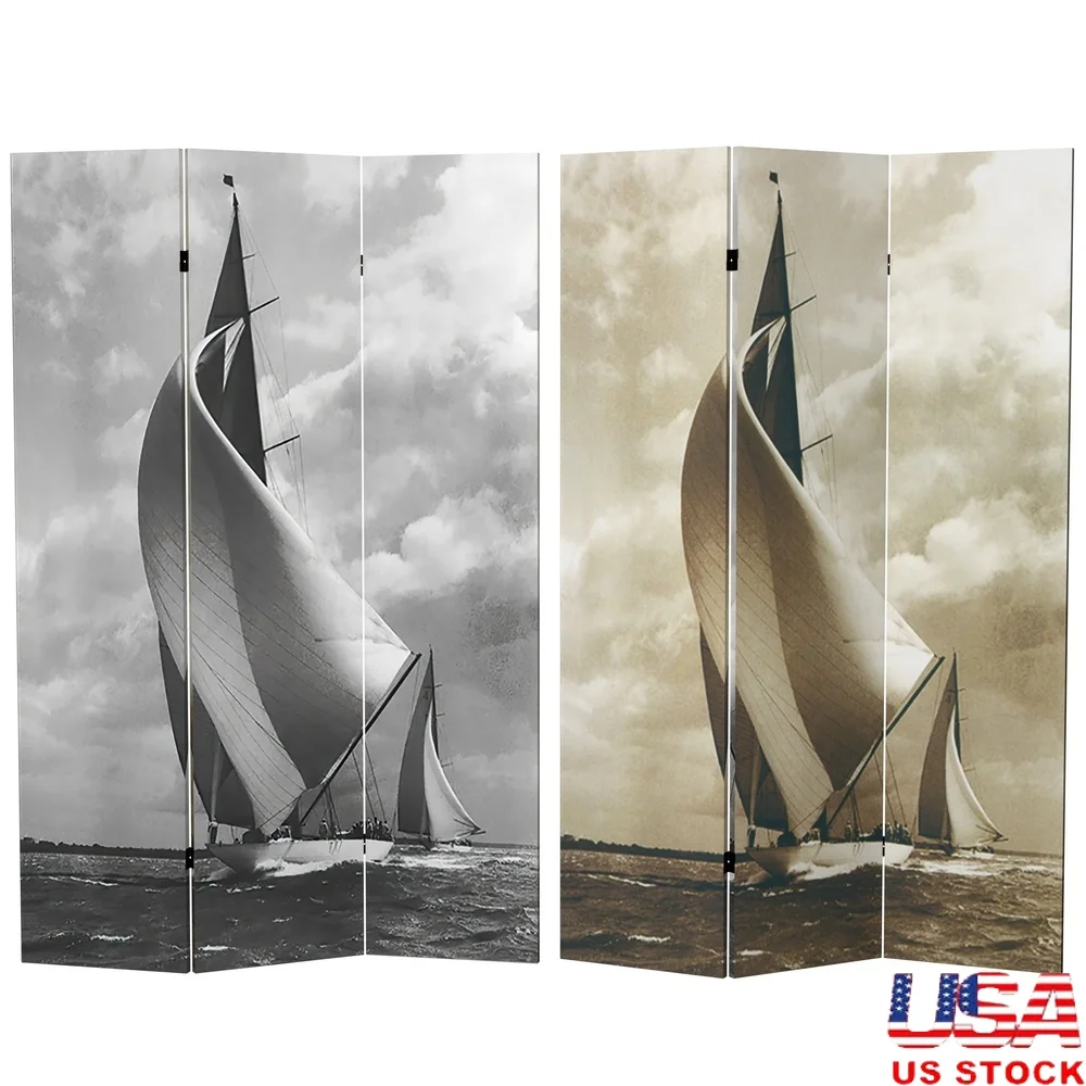 

6ft Tall Sailboat Double Sided Room Divider Portable Foldable Privacy Screen Nautical Theme Canvas Wood Frame Home Decor