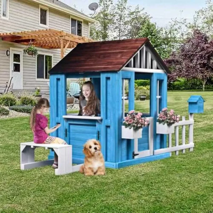 

Outdoor wooden kids playhouse with picnic bench, half door, mailbox, fence flowerpot holders natural cedar, durable backyard/ga
