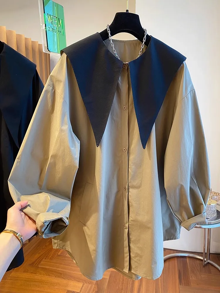 

SuperAen Pointed Collar Long Sleeve Shirt Coat Women's Spring Autumn 2024 New Loose Chic Doll Collar Shirt