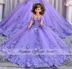 Purple Off The Shoulder New For Barbie Outfit Doll Clothes Wedding Dress Princess Gown Fashion Bride Dresses Beaded 3D Flowers