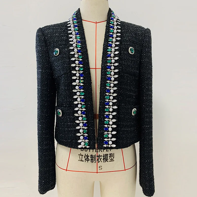 2025 Star Fashion New Heavy Industry Diamond Studded Nail Pearl Green Fruit Neck Short Woolen Jacket Coat