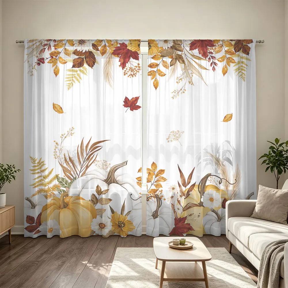 2pcs 90g rod-mounted curtains featuring autumn pumpkin flower and leaf decorative patterns, perfect for home decoration.