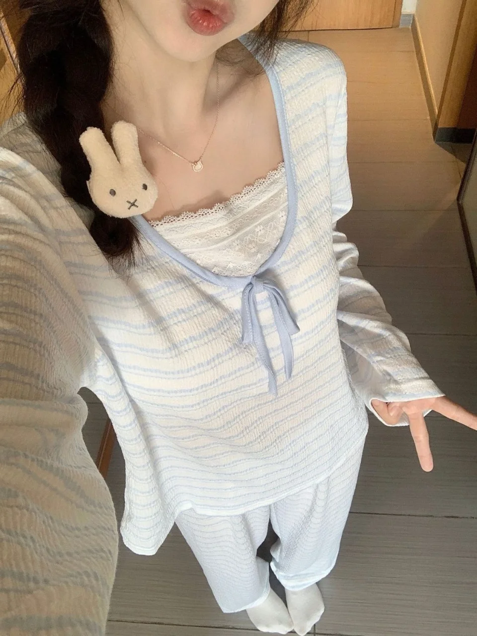 Y2K Harajuku style spicy girl blue stripe with chest cushion pajama set autumn/winter home wear women's long sleeved pants set