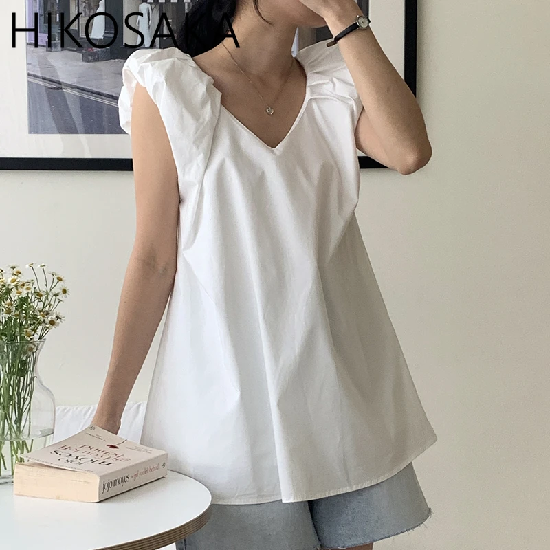 Korean Summer New Fresh Sweet Pullover Blouse V-neck Pleated Flying Sleeve Shirts Lady Top 2024 New Chic Elegant Blusas Mujer