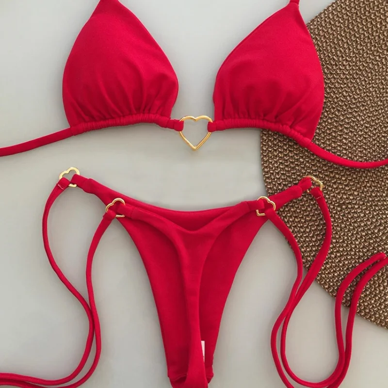 

Women's Low Waisted Bikini Set, Sexy Women's Swimsuit, Smooth Red Swimsuit with Suspenders, Beach Wear, 2024 Brazilian Bikini