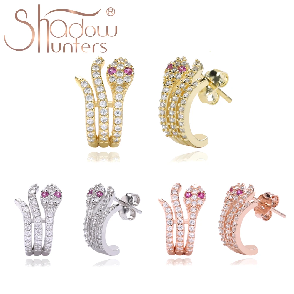 

SHADOWHUNTERS Real 925 Sterling Silver Punk Snake Stud Earring Red Eyes Three Rows Zirconia For Women 18K Gold Plate Top Quality
