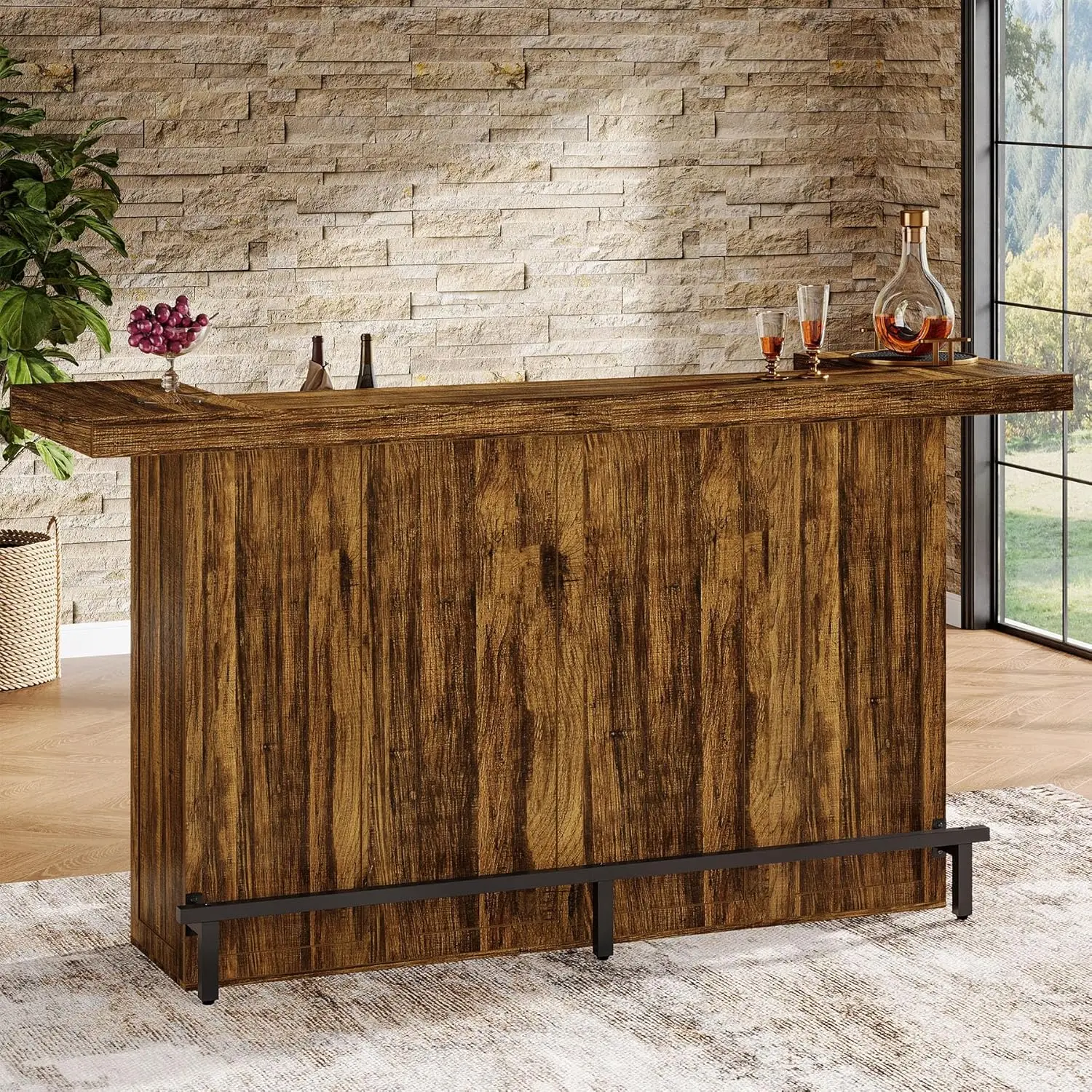 

4-Tier Bar Table, 70.9-Inch Large Wood Home Bar Unit with Wine Glass Holder and Black Footrest, Pub Table with Storage Shelves f