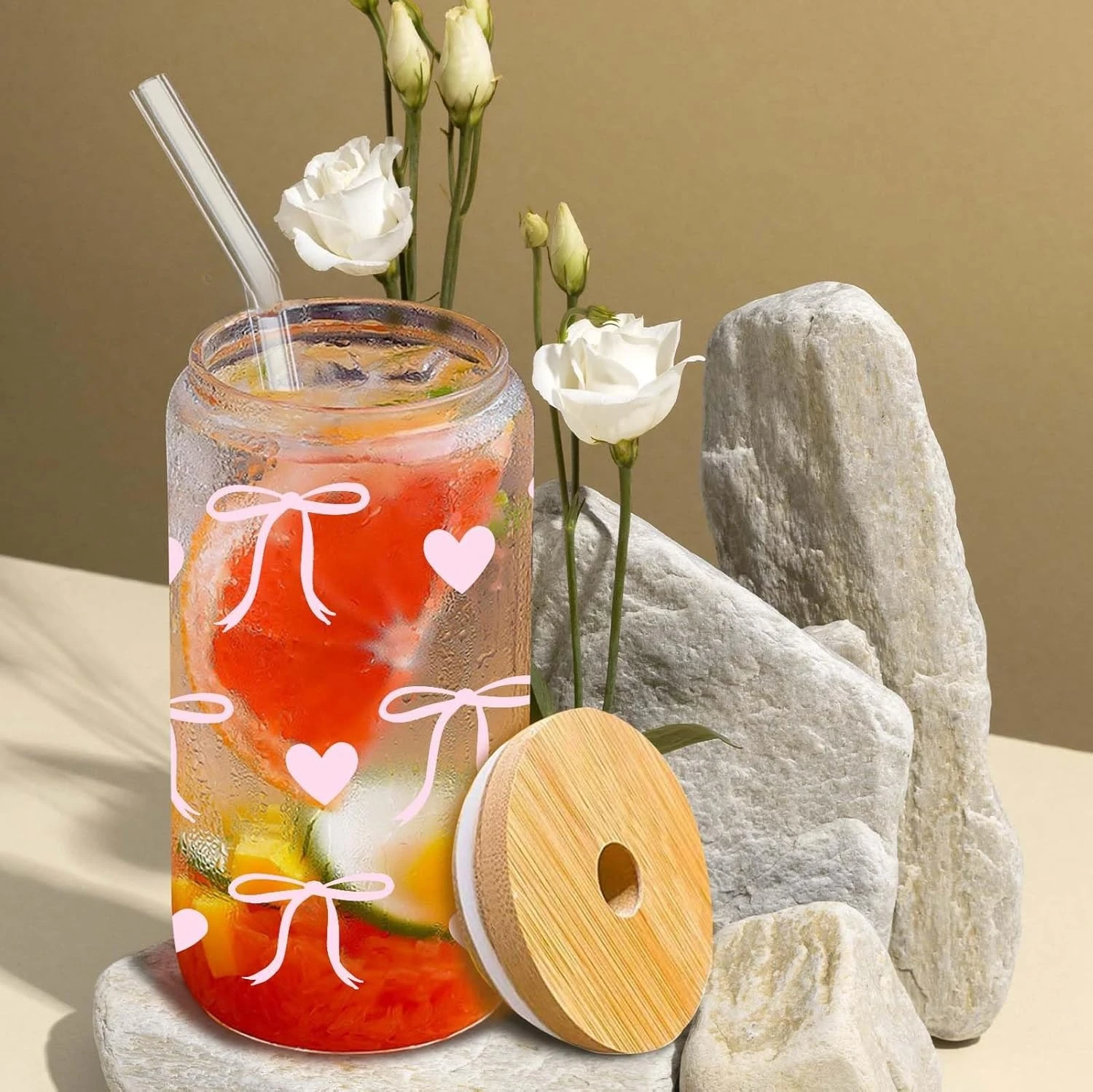 400ml/550ml Coquette Bow Glass Cups with Lids and Bow Straws Gifts for Girls Women Birthday Gifts for Friends Sister Coffee Cup