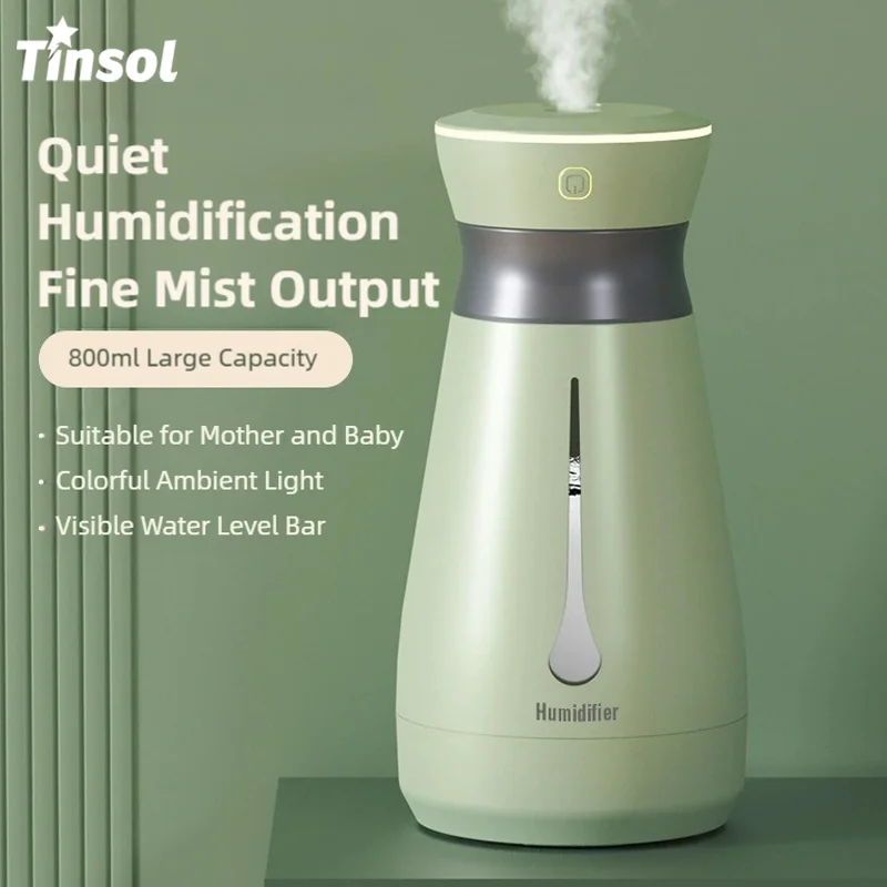 TINSOL 800ml Humidifier with colorful Ambient Light Visible Water Level, Two Mist Settings, Suitable for Office Desk and Bedroom