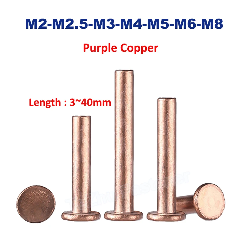 1-50pcs Flat Head Rivets M2 M2.5 M3 M4 M5 M6 M8 Solid Purple Copper Hand Knock Riveter Stud Length 3/4/5/6/8/10~25/30/40mm GB109