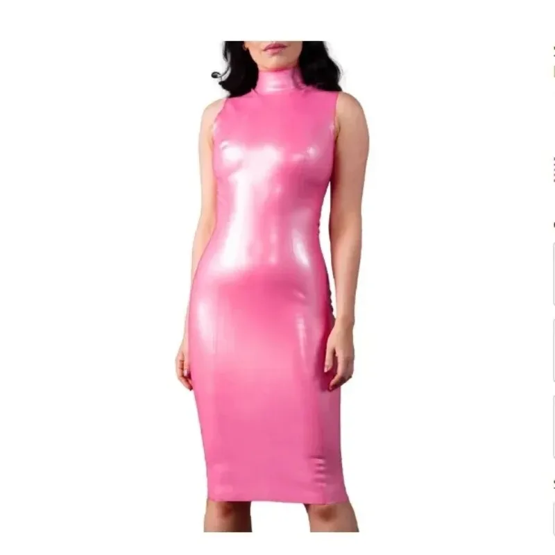 

customized Sexy Pink Sleeveless Latex Long Dresses Knee Length Skin Tight with Back Zipper Slit at Bottom clubwear