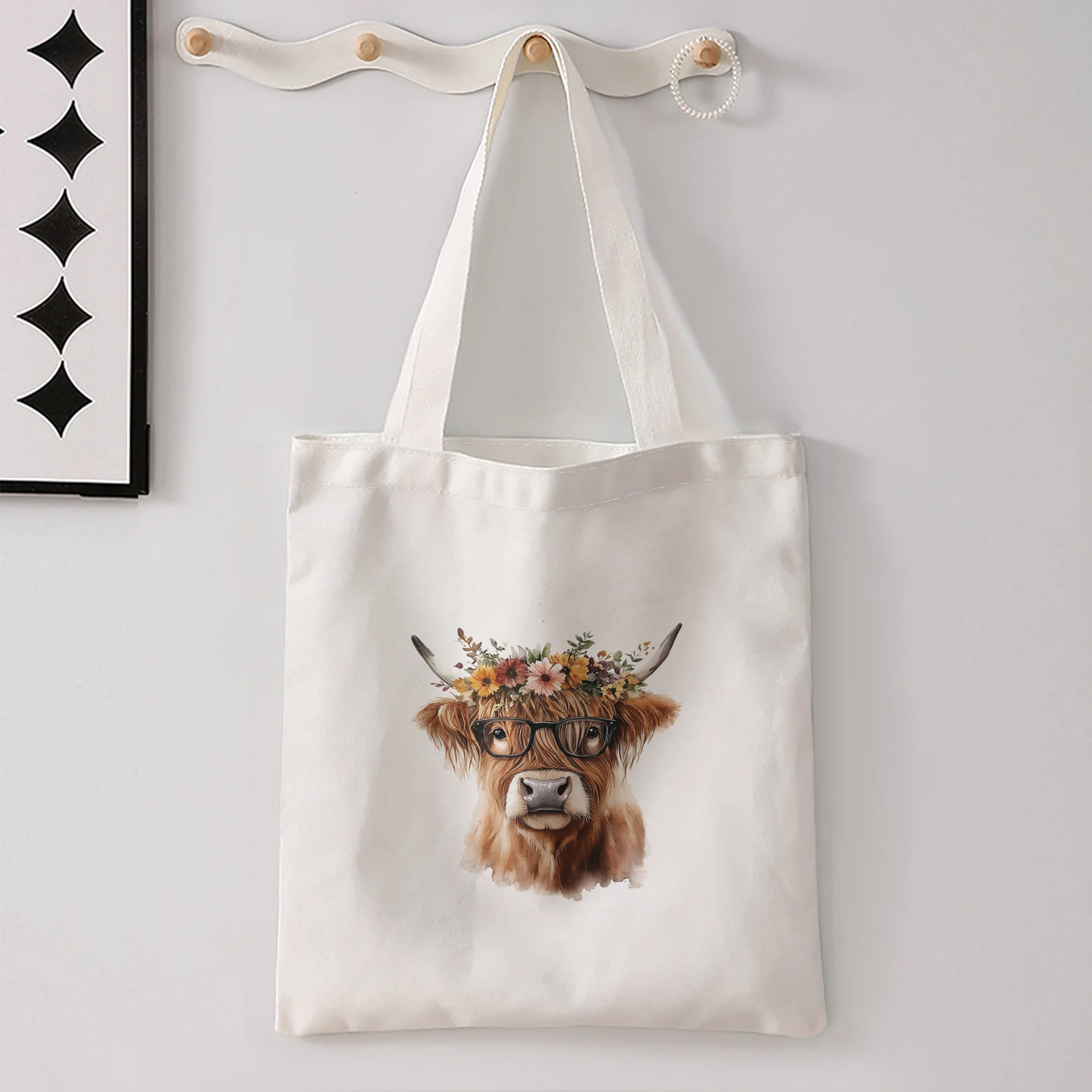 Highland Cow With Glasses And Flower Crown Print Tote Bag Large Shoulder Handbag For Shopping Daily Commute