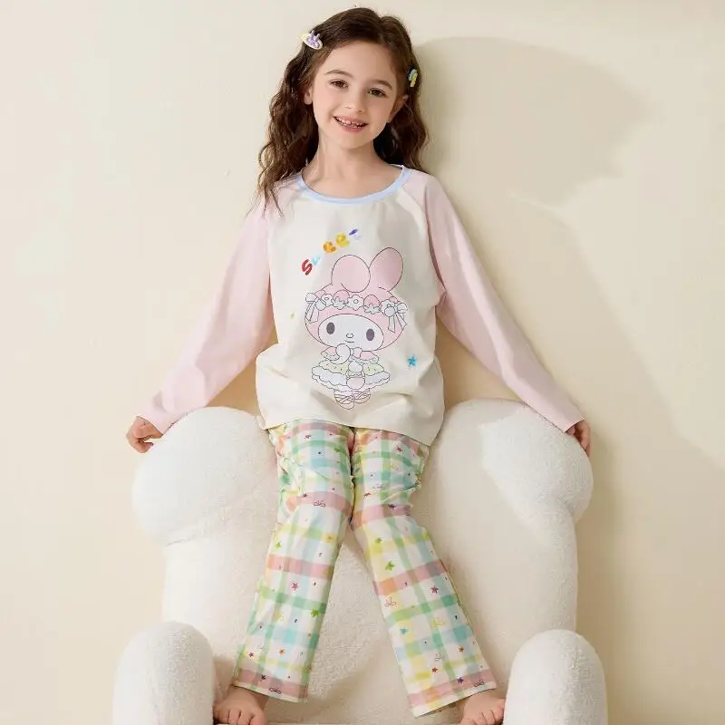 

Sanrios пижамы Hello Kitty, 2 шт., милые модные весенне-осенние хлопковые новые пижамы с длинными рукавами для малышей, стильная домашняя одежда принцессы, модная, хит продаж