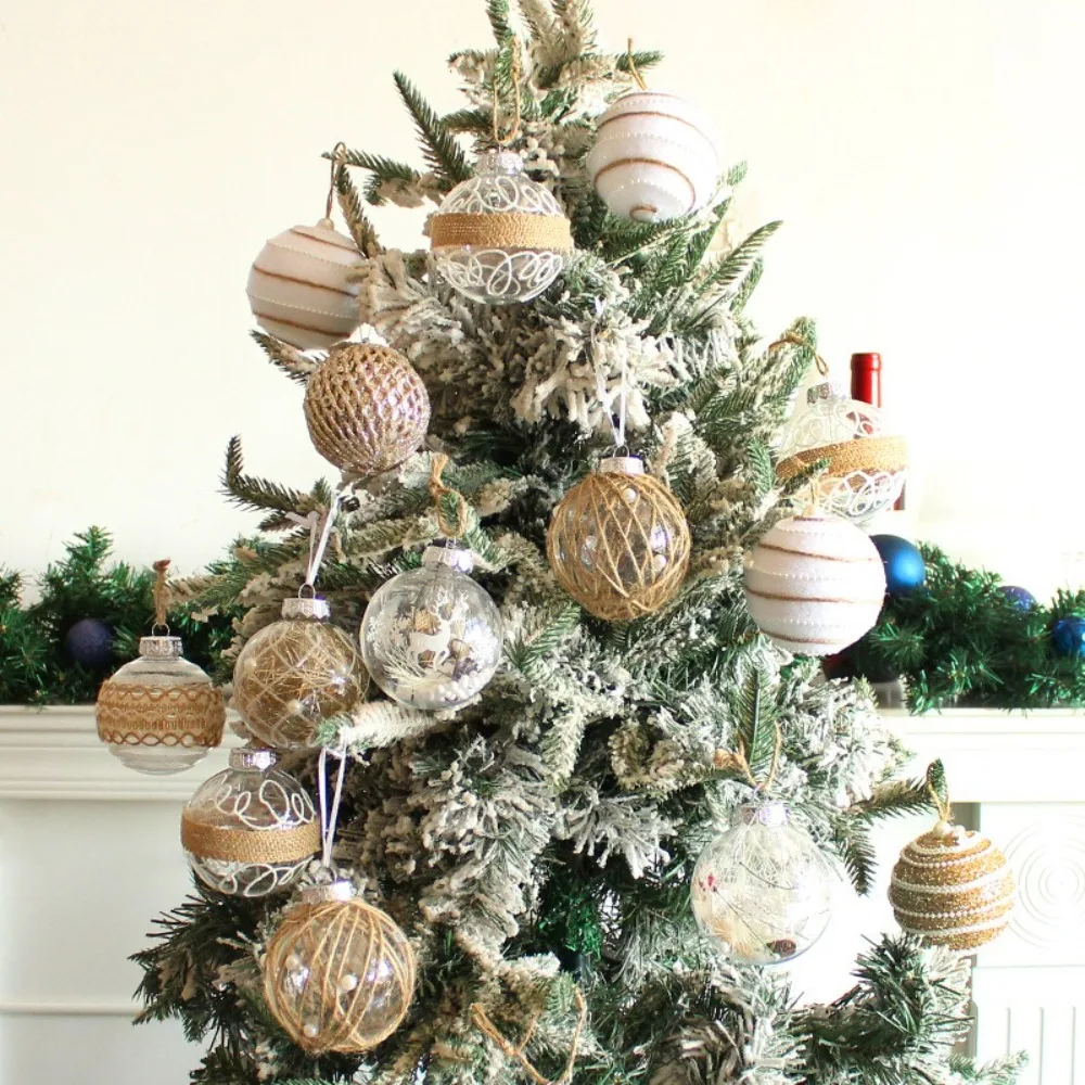 9pcs Hemp Rope Christmas Decorative Ball Gold Glitter 2025 New Year Christmas Ball Transparent Elegant Xmas Tree Hanging Pendant