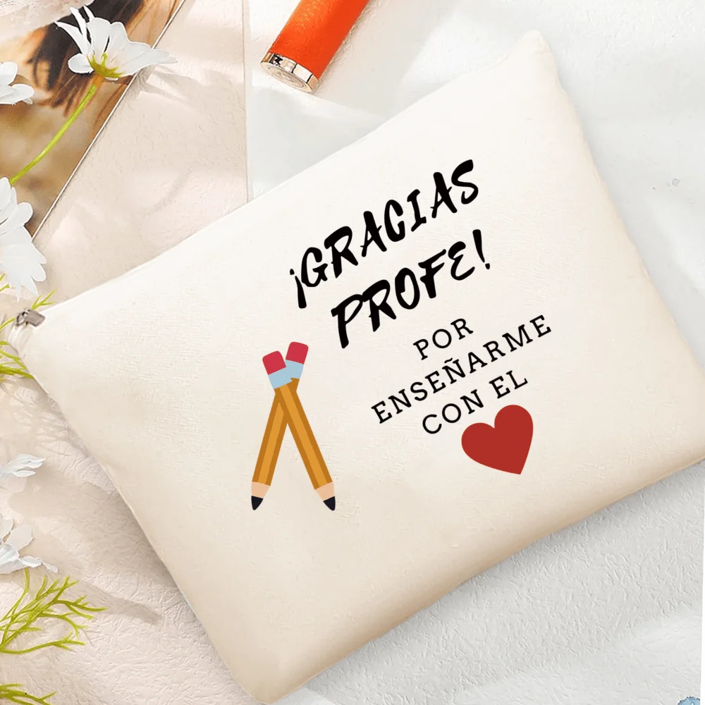 Spanish Teacher Day Makeup Bag Stylish Practical Travel Storage Solution Featuring Printed Design That Says Thank You Teacher