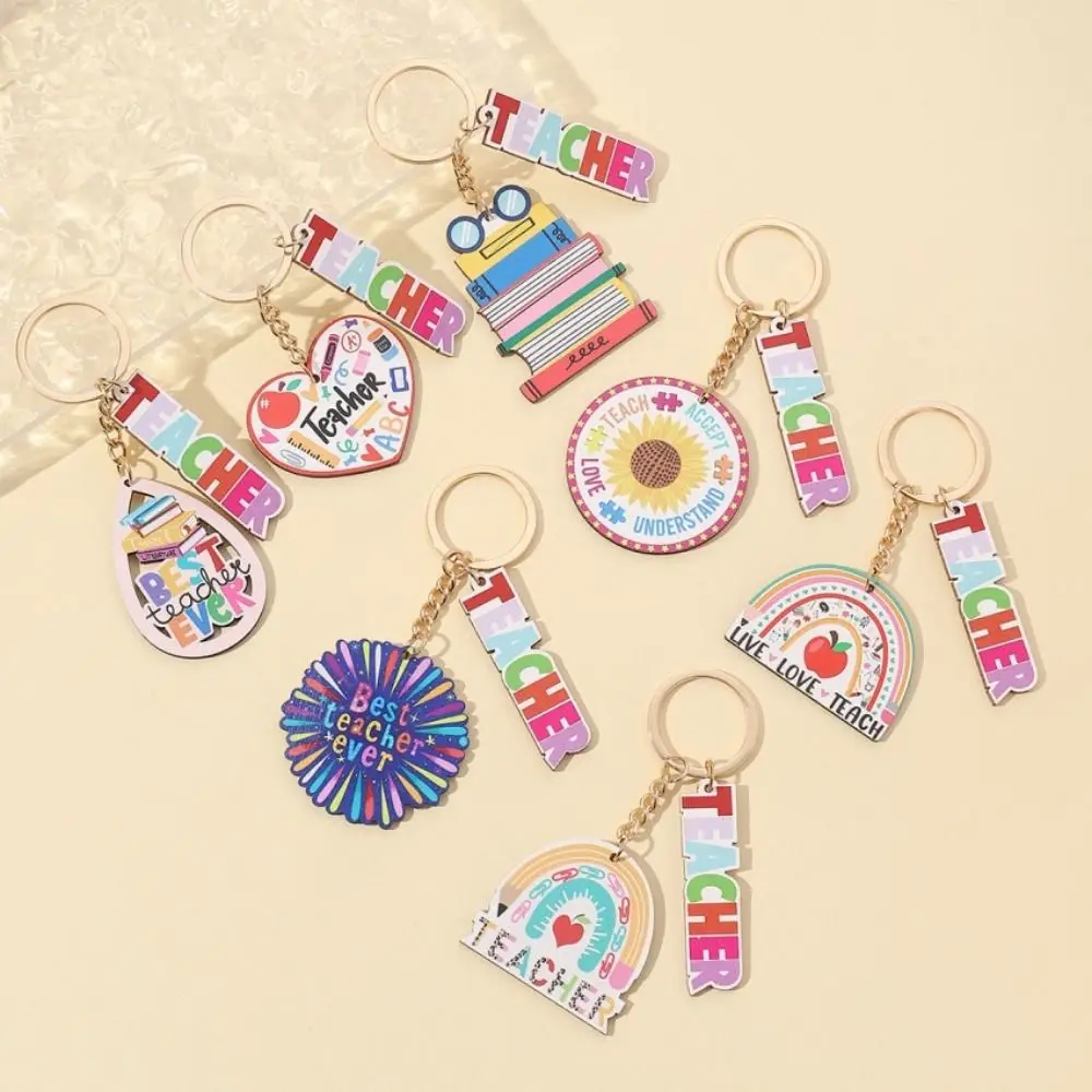 Wooden Teacher's Day Keychain Geometric Shape Charm Text Keychain Pendant Colorful Notebook Pen Holder Key Ring