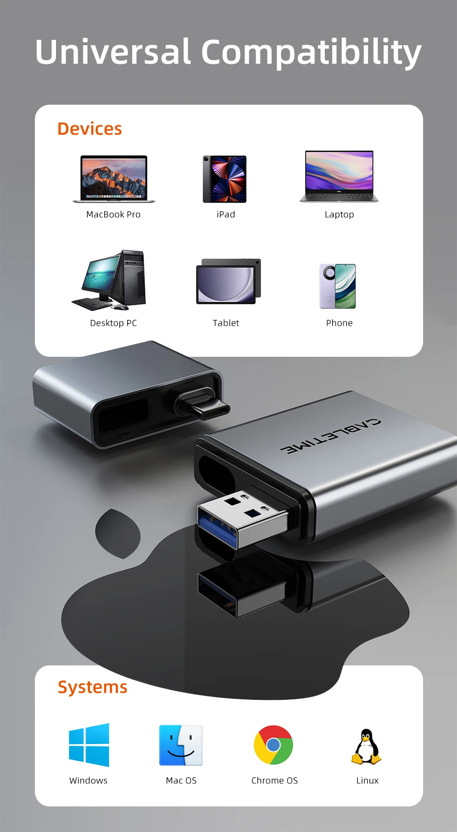 CABLETIME SD4.0 Kartenleser 3 IN 1 312 MB/s 5 Gbit/s USB A & USB C auf SD/TF Speicherkartenadapter für Laptop, Telefon, MacBook – Detail 27