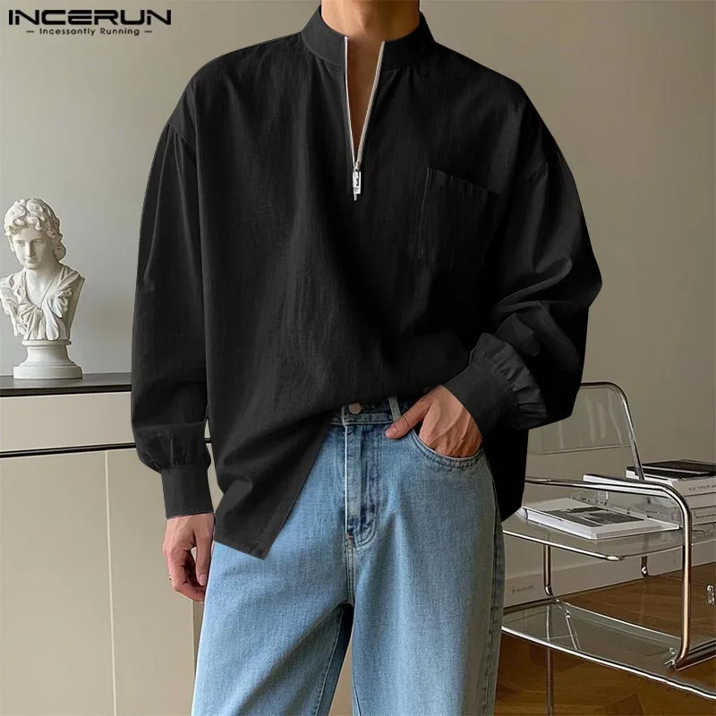 INCERUN Tops 2025, koreanischer Stil, Mode, Herren-Reißverschluss-Design, solides Hemd, lässig, gut sitzende männliche langärmelige Bluse mit V-Ausschnitt, S-5XL