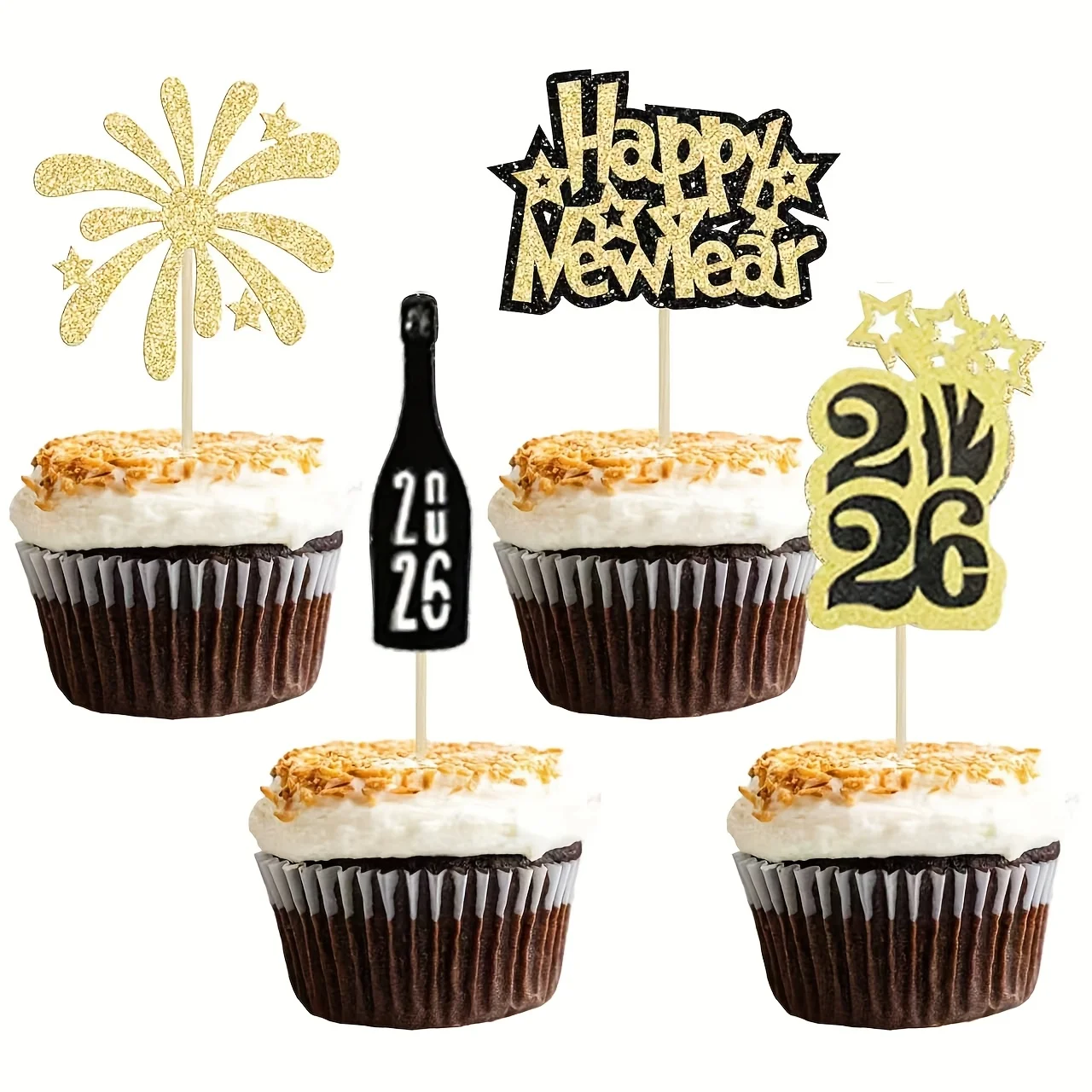 12 Stück/Set Frohes Neues Jahr Cupcake-Topper 2026 – goldene und schwarze glitzernde Feuerwerks-Party-Dekorationen, Kuchen-Picks für das neue Jahr
