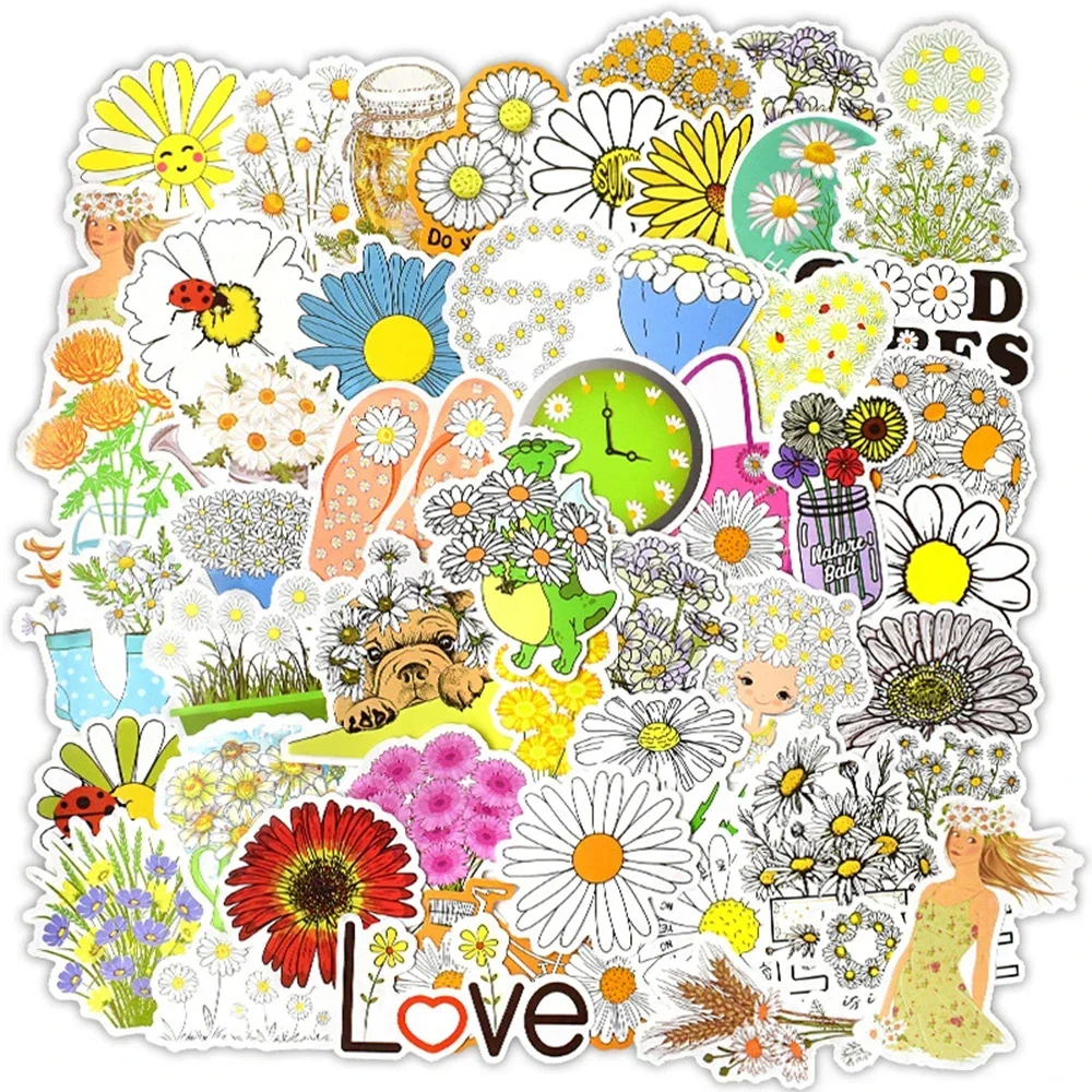 50PCS Flower Stickers Daisy Theme Floral Stickers for Kids Teens Aeshtic Vinyl Waterproof Stickers for Laptop Water Bottle Phone