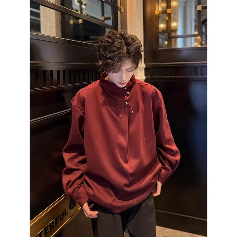 Korean Style Spring Autumn New Fashion Men's Solid Color Simple Basic Loose Casual Trendy Daily Pullover Shirts Male Clothes Top