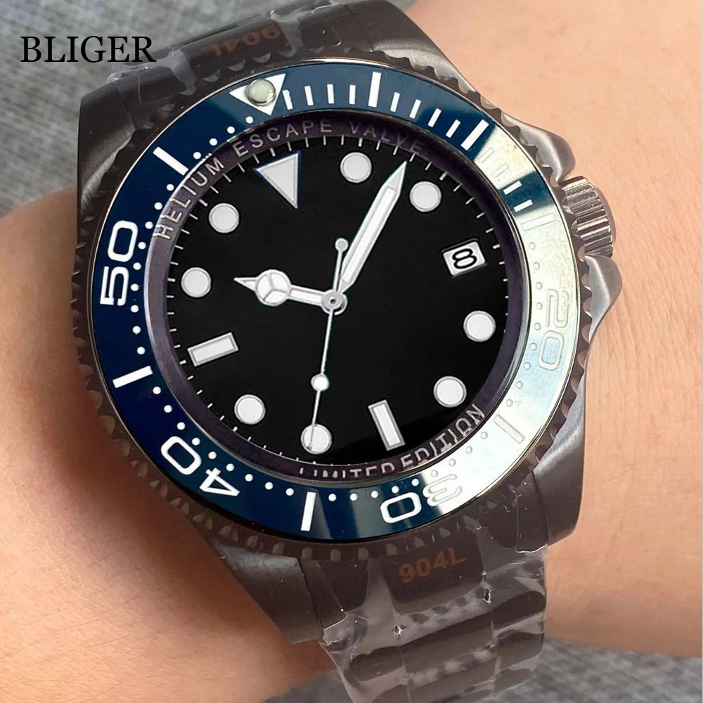 BLIGER Black PVD Case 43mm Mechanical Men Watch Rotating Bezel Ceramic Insert 24 Jewels NH35A MIYOTA 8215 PT5000 Steel Strap