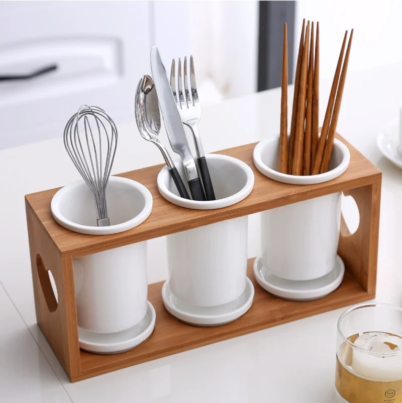 Ceramic Chopsticks Tube Storage Rack Spoon Chopsticks Storage Tube Set Knife and Fork Multi-function Storage Box Kitchen Tools