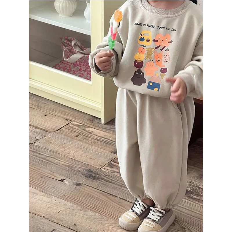 Baby Cute Sets Girls Sports Printing Sweater Sweatpants Suit Autumn New Children\'s Round Neck Casual Fashion Thin Two-Piece 2-8Y