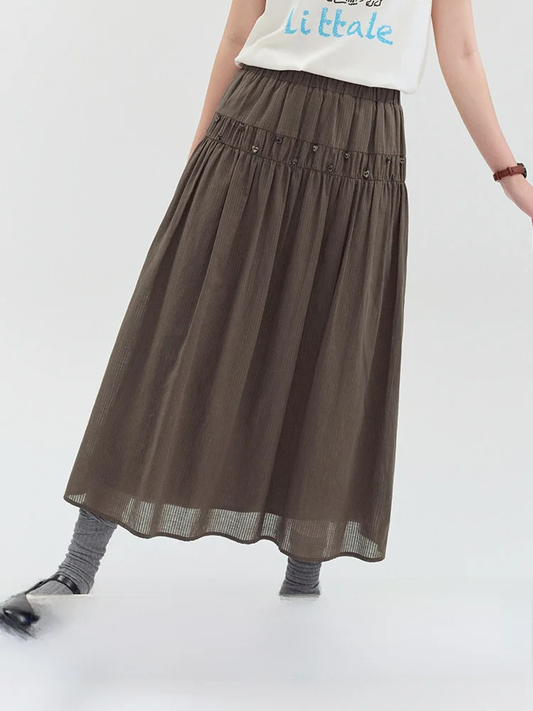 

AMUU Original Textured Wooden Decorative Buckle Midi Skirt Women's Summer New Pure Cotton A-Line Skirt Korean Style High Waist
