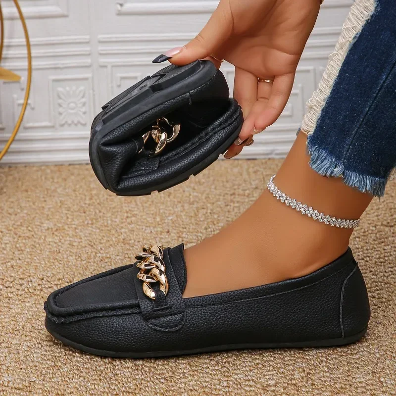 Brand Women Shoes 2024 Hot Sale Lafers Comfort Sofe Women's Flats Fashion Chain Round Bean Flats Trend Versatile Shoes Zapatos