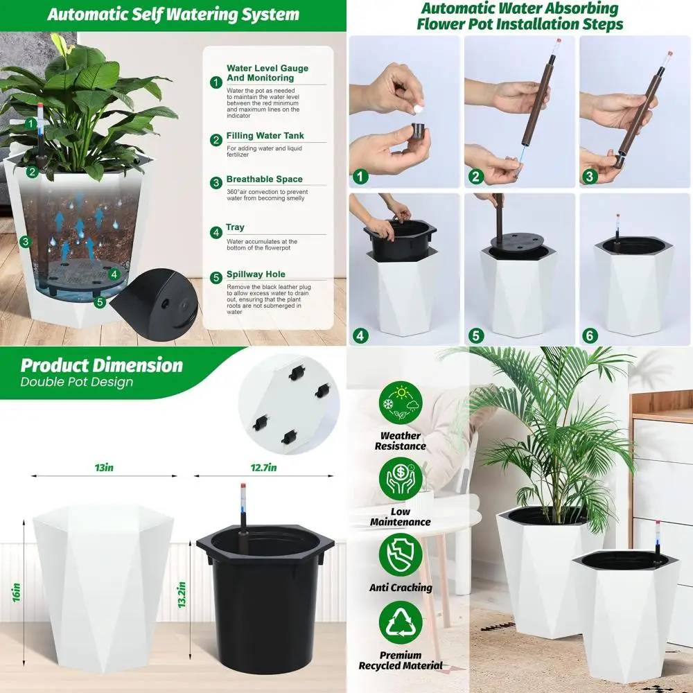 

GarveeLie Набор алмазных горшков высотой 16 дюймов o 2, кашпо Sel для полива с монитором уровня воды, нижние горшки для улицы, в помещении или