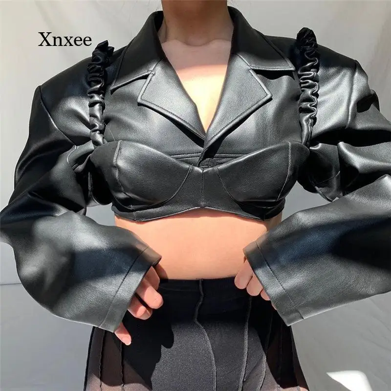 

Faux Leather crop Jacket Spring Autumn Short Black coat Light Women Long Sleeve PU Lapel Runway Stylish Sexy Fashion Cropped Top