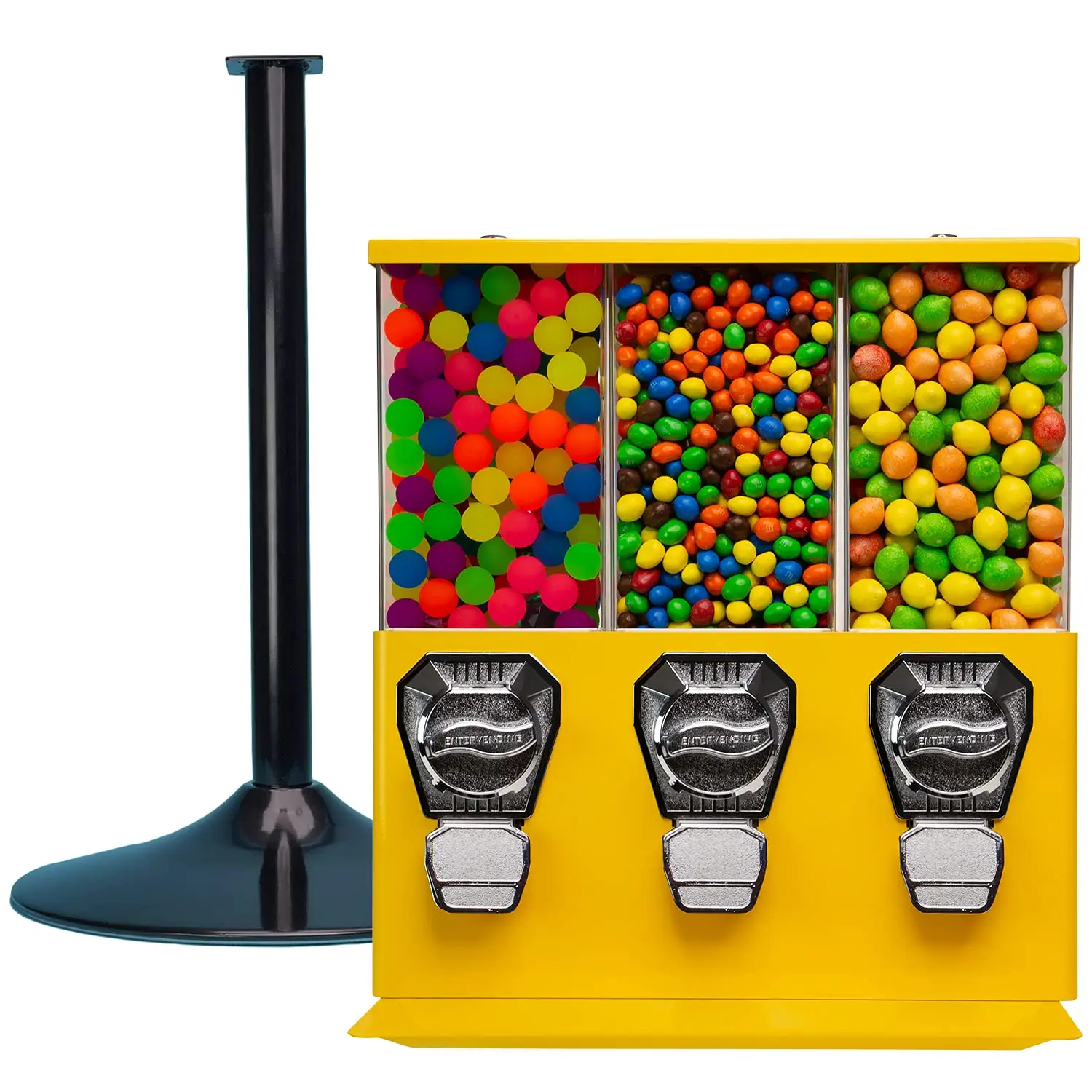 

Vending Machine - Commercial Gumball and Candy Machine with Stand - Yellow Triple Vending Machine with Interchangeable Canisters