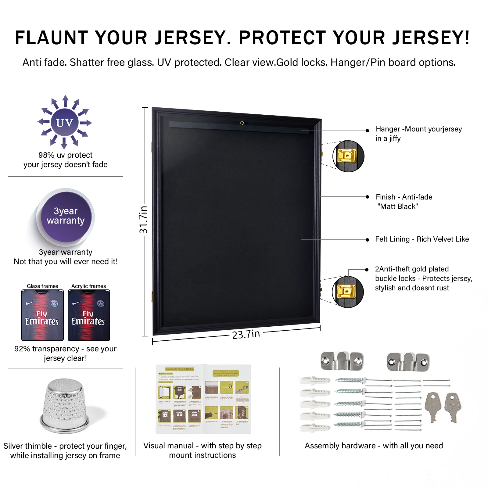 Shirt Display Frame With UV Resistant Acrylic And Hanger Wall Mounted Baseball Basketball Football Hockey Shirt Display