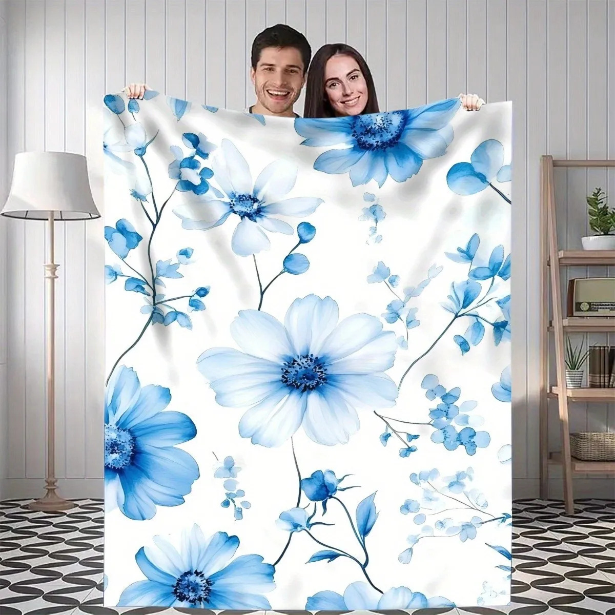 

1 шт. сине-белое акварельное одеяло с цветочным принтом, полиэфирная ткань, можно стирать в машине, подходит для украшения спальни, гостиной