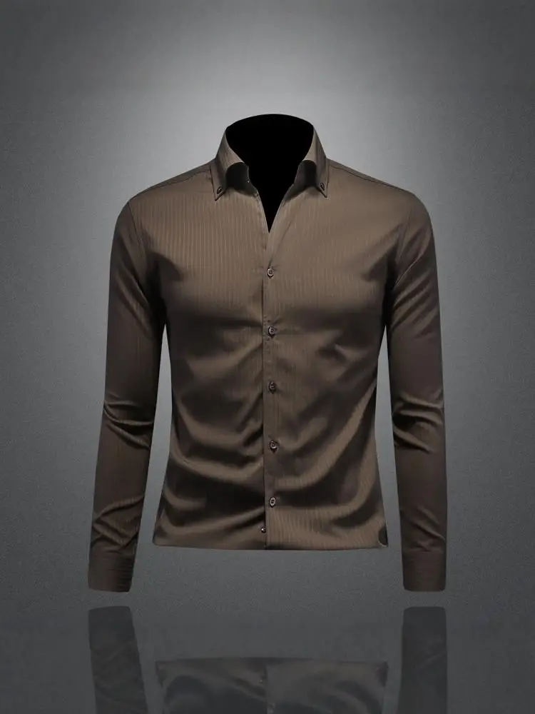 

Мужская приталенная рубашка с длинным рукавом, широким V-образным вырезом, в полоску, повседневная, немнущаяся, осенне-весенняя, новая, в британском стиле, из полиэфирного волокна