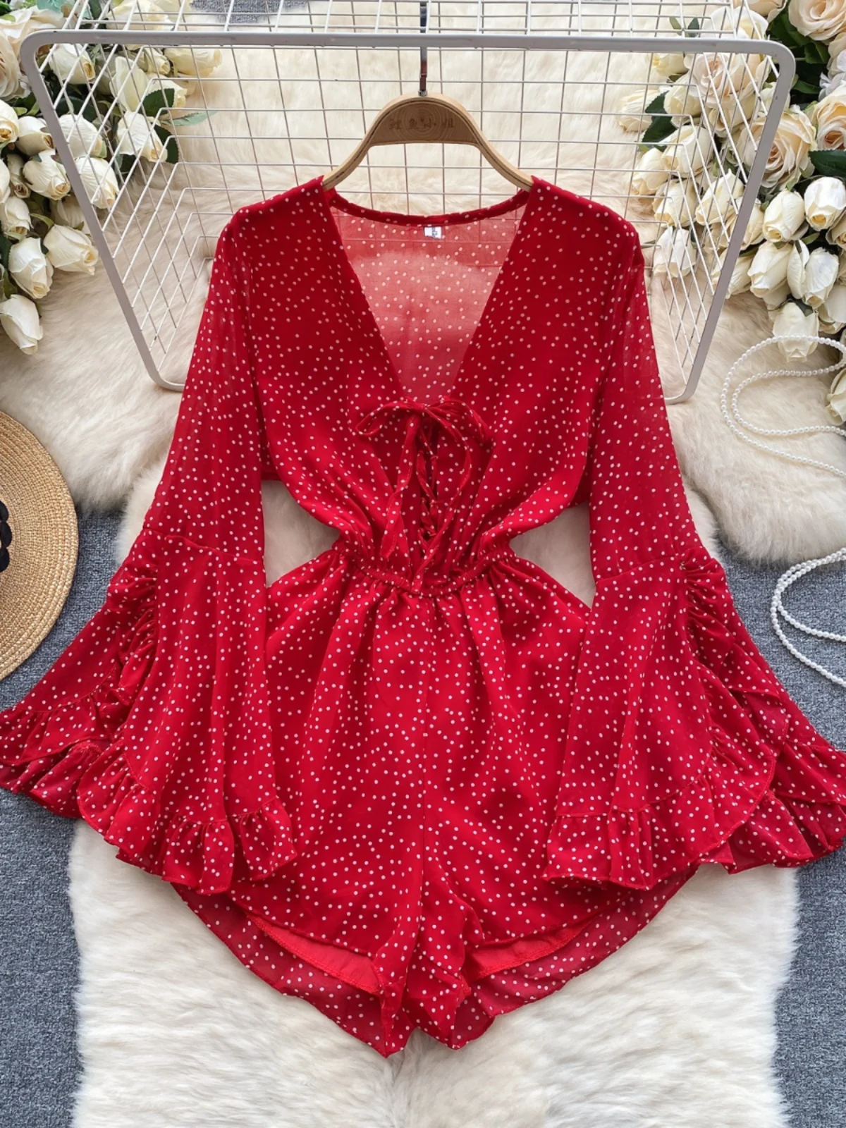 

Foamlina Casual Women Playsuits 2024 New Fashion Summer V Neck Flare Sleeve Polka Dot Print Elastic Waist Wide Leg Short Pants