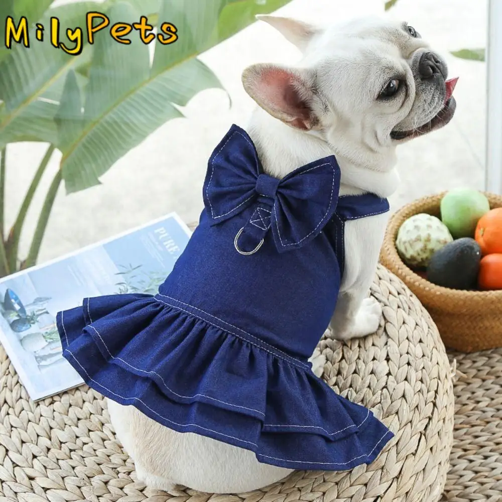 

Durable Washable Pet Denim Skirt With D-Ring Reusable Dog Dress Cute Cat Jeans Skirt Summer