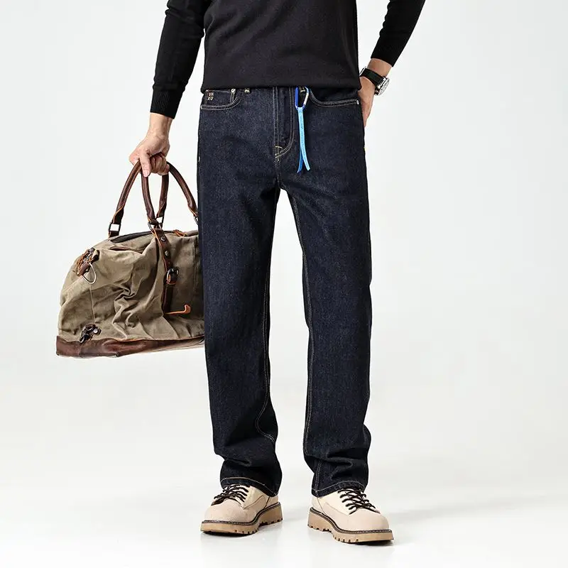 

Мужские потертые джинсы из 100% хлопка в американском стиле ретро — новая осенняя коллекция 2025 года, прямые свободные брюки большого размера из необработанной ткани