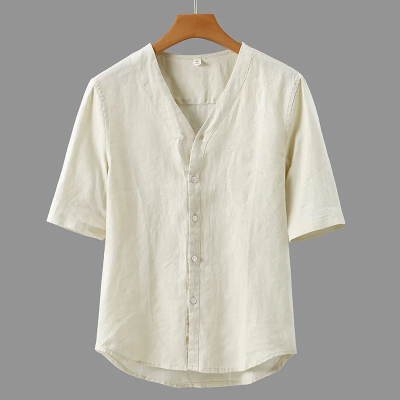

Summer New Half Sleeve Pure Linen Shirts for Men Fashion Loose Thin Breathable V-neck Solid Color Tops Shirt Man High Quality