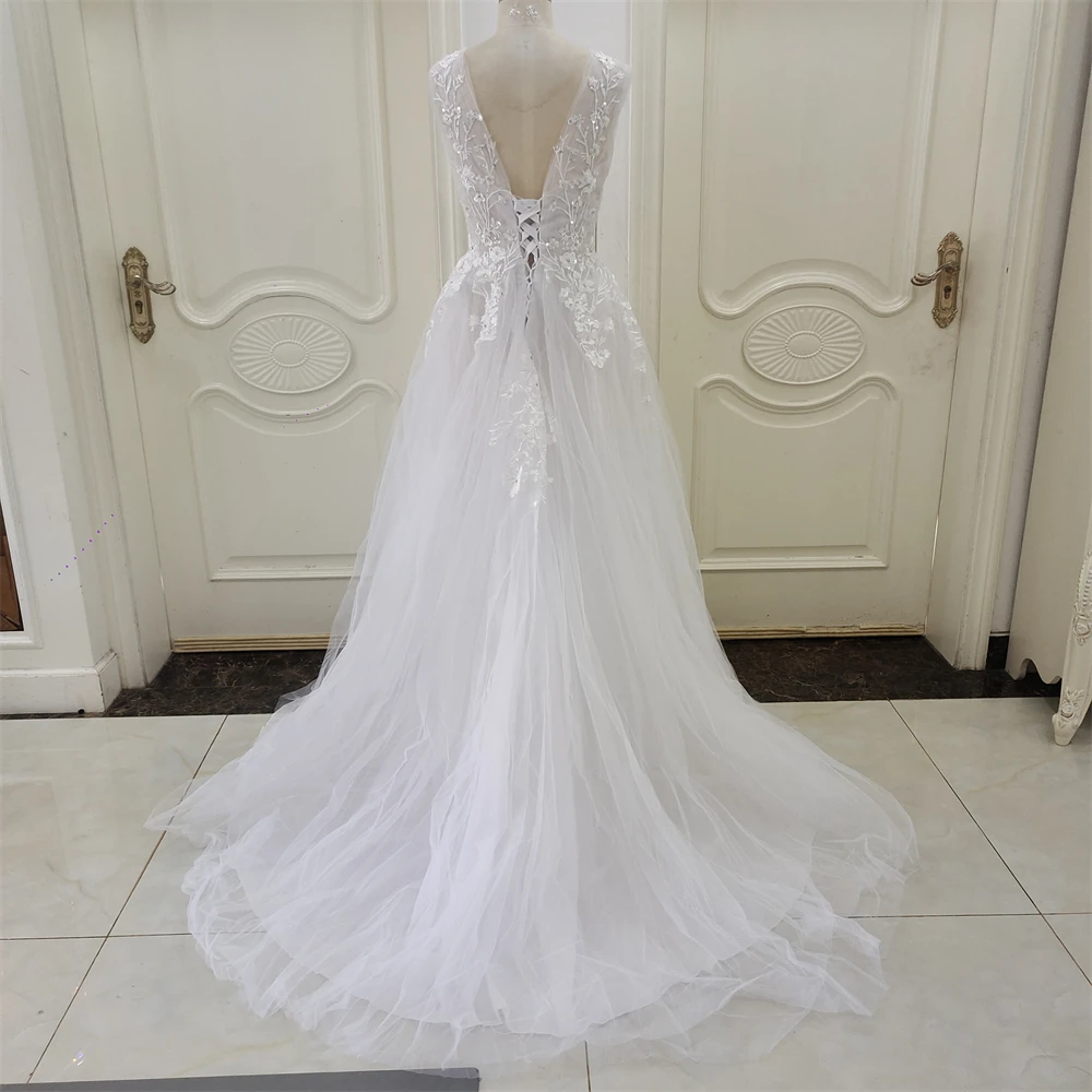 ZJ6005 Vestido de novia sin mangas con cuello en V hecho por el cliente 2024, apliques de encaje, vestido de novia sin espalda 2024