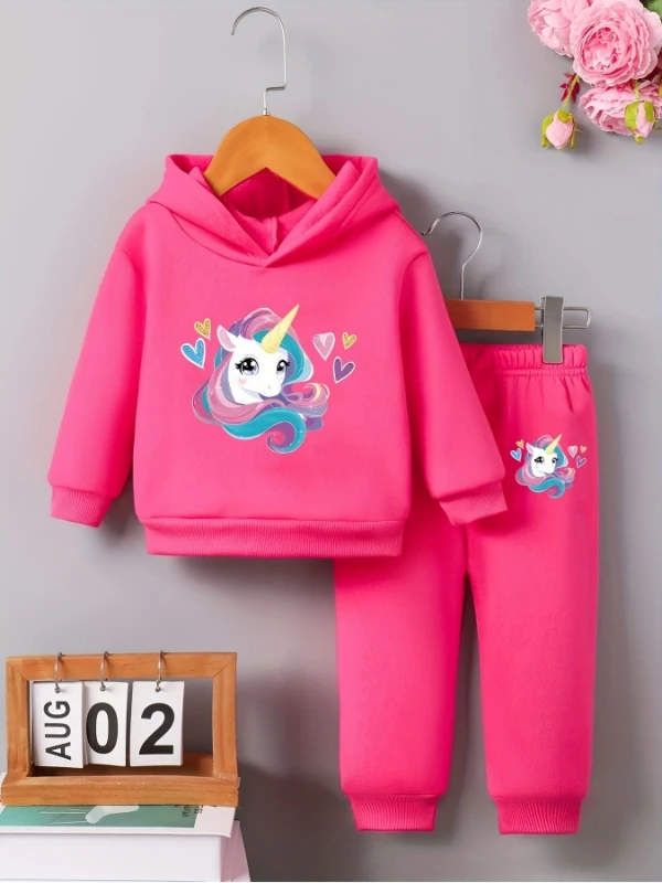 Baby Girl Autumn Winter Cartoon Print Fleece Sweatshirt Long Pants Two-Piece Set Infant Outfit Comfortable Soft Fabric