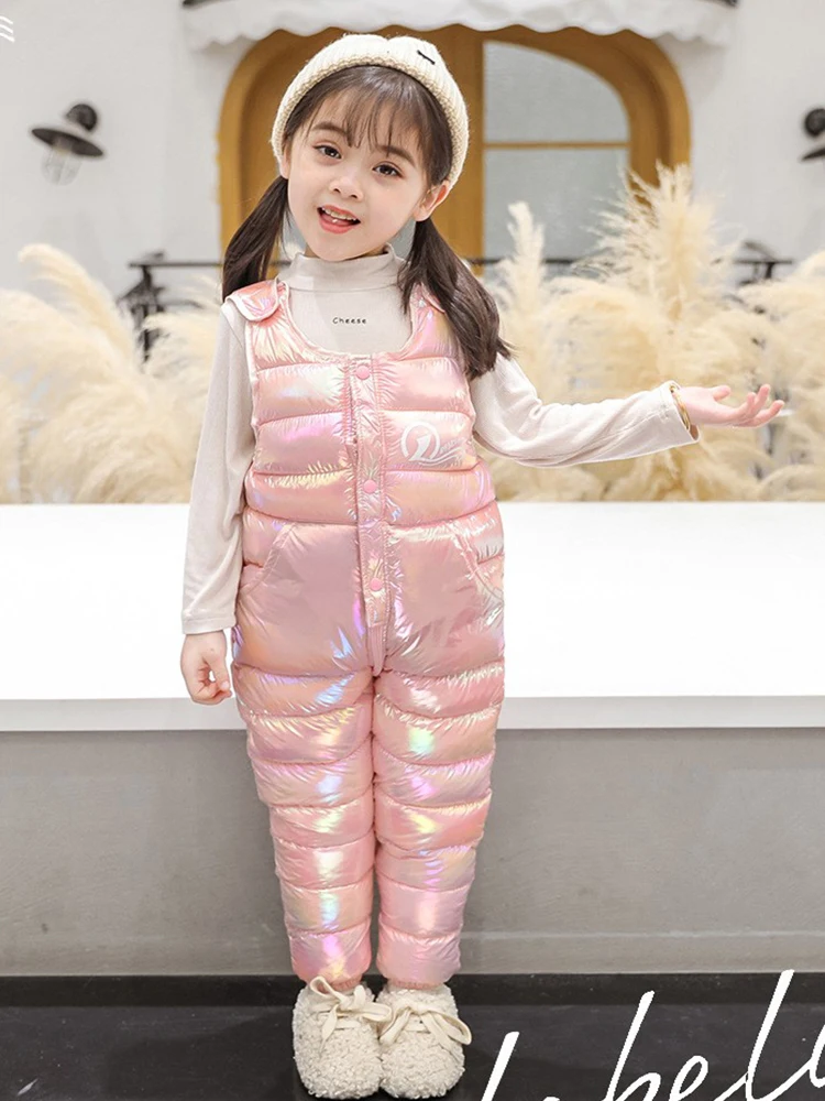 Letter Print Smooth Fabric Jumpsuit Winter Warm Overalls Pants Girls Boys Thick Down Windproof Snow Cotton Pant Children Clothes